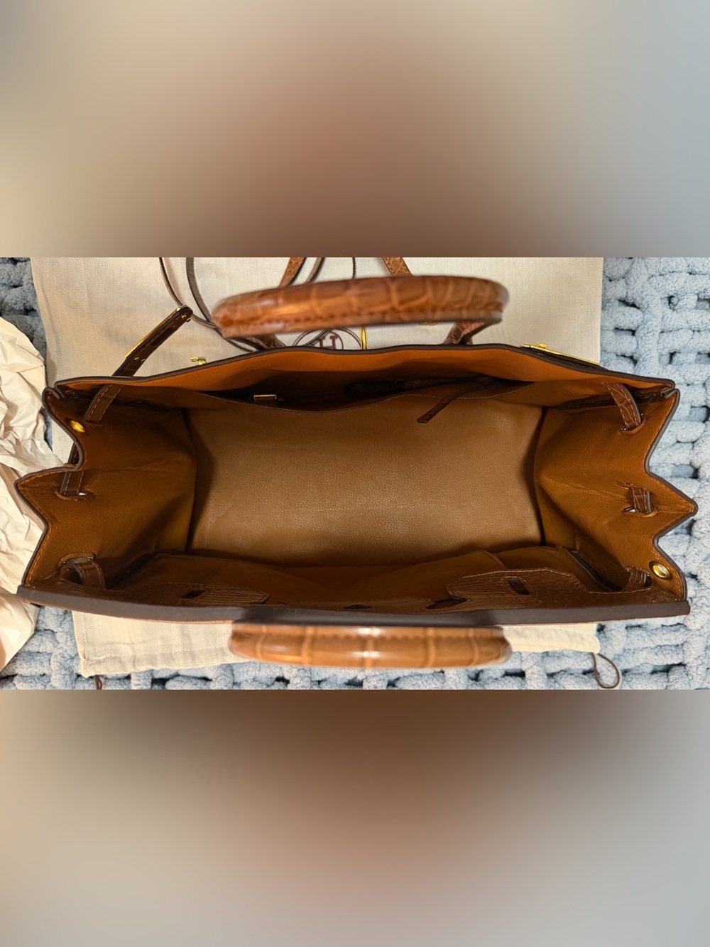 Croc-Embossed Structured Satchel in Brown - Picture 5 of 8